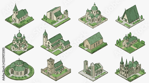 Isometric Collection of Diverse Church Architectural Styles in Green and White