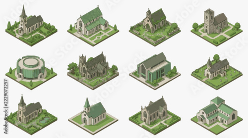 Isometric Collection of Historic European Church Architectural Styles
