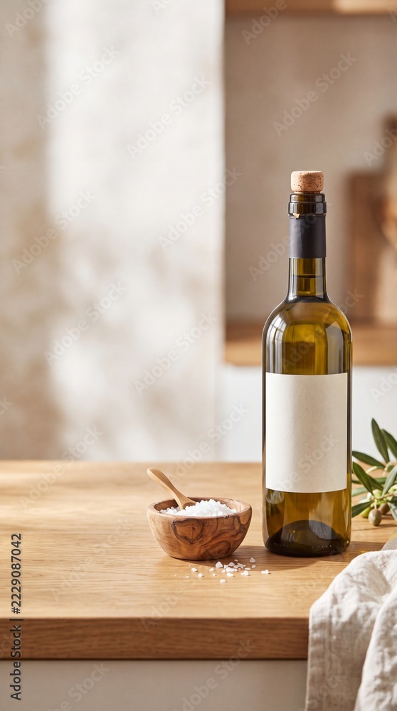 Fototapeta premium Olive Oil Bottle with Blank Label on Wooden Kitchen Counter with Sea Salt