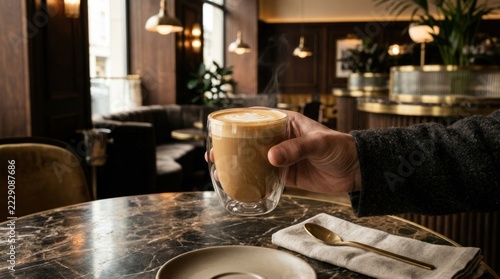 Person holding a glass of latte coffee in a luxury cafe interior.