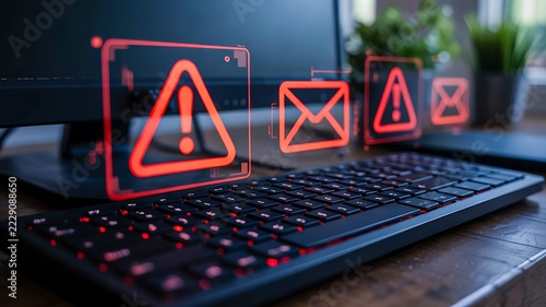 Cybersecurity Warning Icons with Email Alert Symbols on a Computer Keyboard