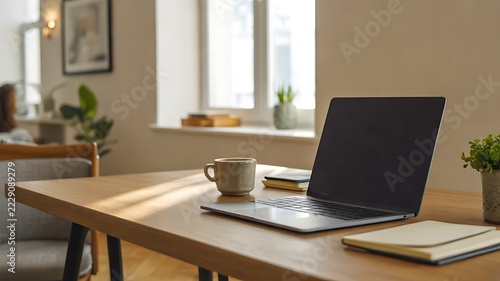Minimal home office workspace with laptop, coffee cup and notebook on wooden desk