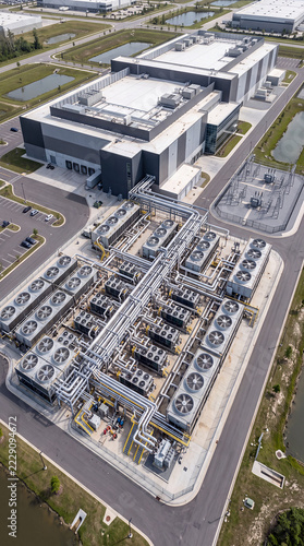 Aerial View of Industrial Data Center Cooling Plant and Chillers