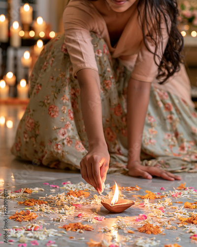 Soft light dances on a woman's gentle touch. Flowers scatter around a lit clay lamp. Her calm focus honors tradition's sacred glow. Warm hues radiate quiet reverence and devotion