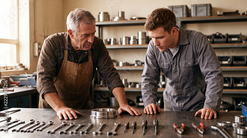 Craftsman teaching young technician at workbench toolroom people staff industry training