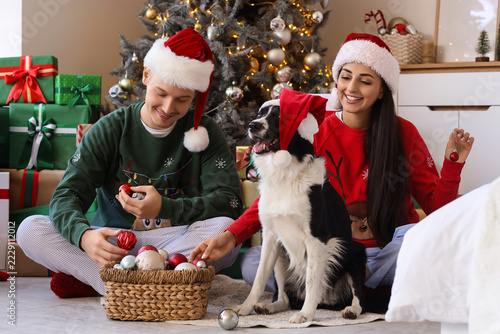 Christmas family traditions, happy couple with dog wearing santa hats decorat...