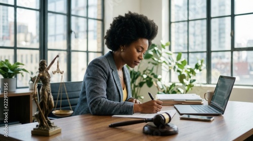 African American woman lawyer with afro hair working on legal paperwork at her office desk.