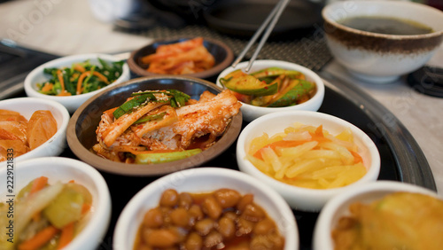 Obraz na plátně Assorted Traditional Korean Banchan Side Dishes on Dining Table