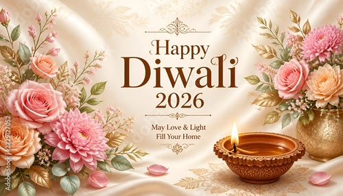 Happy Diwali 2026 Greeting Card Background with Elegant Flowers and Diya   