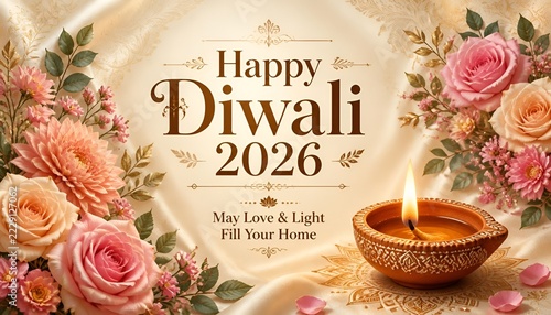 Happy Diwali 2026 Greeting Card Background with Elegant Flowers and Diya   