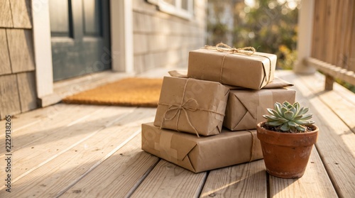 Stacked brown paper parcels and succulent plant on wooden porch at