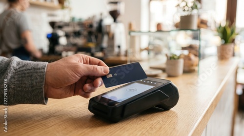 Hand using credit card for contactless payment on terminal at wooden