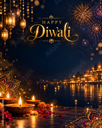 Elegant Happy Diwali 2026 greeting with glowing golden diyas and traditional decorations on a royal blue background.