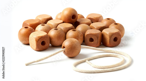 Wooden lacing beads and thread on a white background