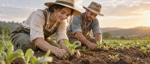farmers replant crops in a field at sunrise