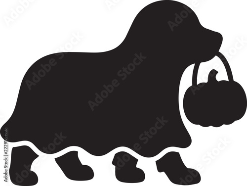 Dog in costume carrying pumpkin basket for trick or treating silhouette illustration.