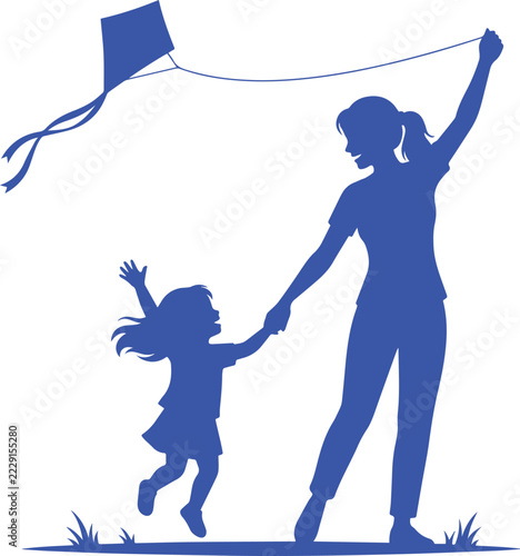Blue silhouette mother and daughter flying kite on grassy field, joyful outdoor playtime and connection.