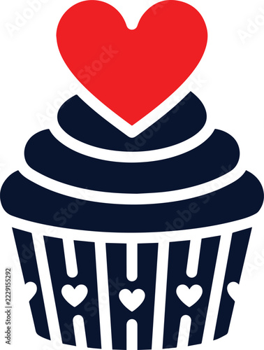 Dark blue cupcake with striped wrapper and red heart on top, sweet treat for celebration or gift.