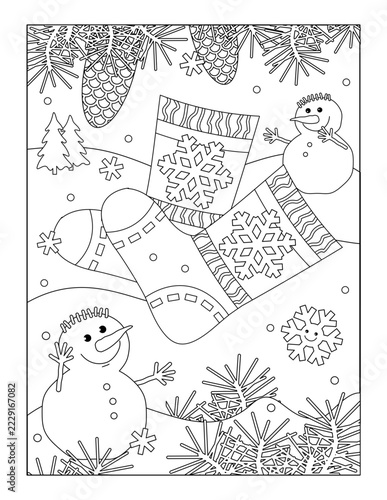 Cute cheerful snowmen found two lost cozy socks in the winter forest coloring page
