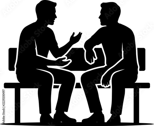Two men sitting on a park bench talking to each other in a black and white silhouette icon