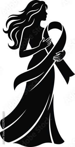Woman silhouette holding awareness ribbon, black and white vector graphic for cancer support and health