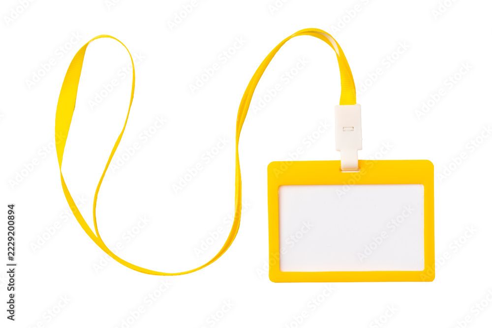 Obraz premium Yellow identification badge holder with attached lanyard displayed on a white background