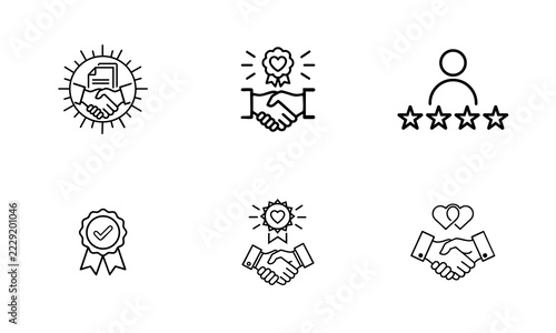 Business handshake and partnership line icon set isolated on white background for website