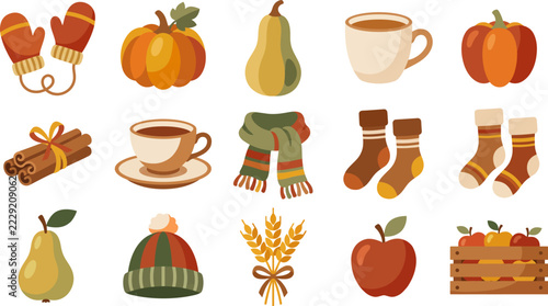 Cozy autumn season flat icon set collection featuring mittens, pumpkin, scarf, coffee and socks, fall harvest vector illustration elements