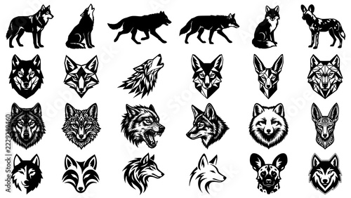 Fotografie Collection of black wolf head silhouettes and full body shapes on a white backgr