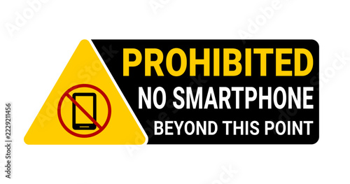 No smartphone beyond this point prohibited warning sign vector template. Mobile phone ban industrial safety poster design with yellow triangle, symbol and text on black background 