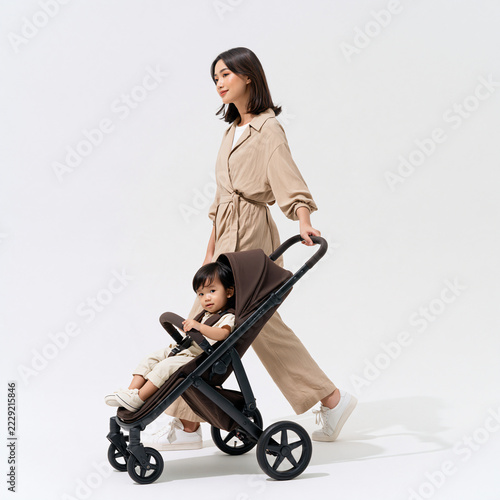 Realistic Full Body Image of Southeast Asian Mother with Stroller