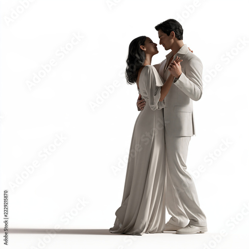 Romantic Couple Embracing in Elegant Attire at a Resort Event