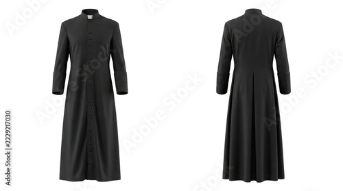 Black clerical cassock shown from front and back on transparent background. Religious clergy garment. Church vestment and liturgical clothing. Catholic priest attire.