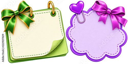 Two decorative notepad stickers with colorful bows with green purple bows on transparent background