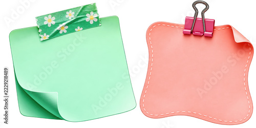Green and pink sticky notes with decorative tape and clip on transparent background