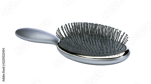 Fotografie Silver metallic oval hair brush with black bristles and ergonomic handle
