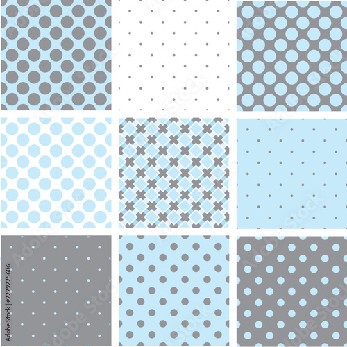 Seamless Polka Dot vector Pattern Set in Light Blue, Gray, and White - Modern Minimalist Geometric Backgrounds for Textile and Web Design
