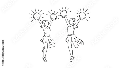 Two female cheerleaders jumping high in the air with pom-poms while smiling during a sports game or competition sport.