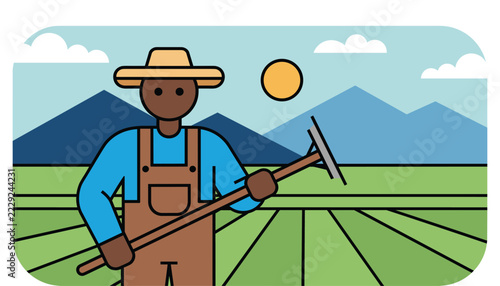 Male farmer with dark skin wearing a hat and overalls holding a rake while standing in a green agricultural field.