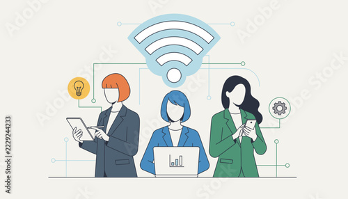 Three diverse women working together in a modern office with computers phones and tablets under a large wifi symbol.