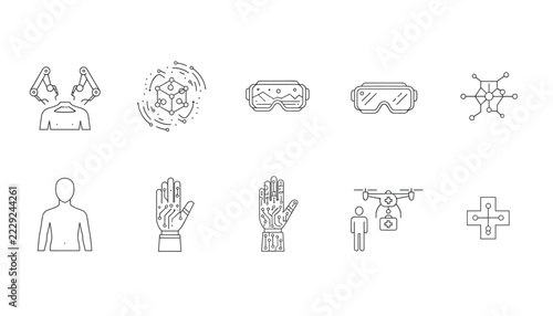 Collection of diverse technical and medical icons including robotic arms vr goggles and futuristic hand implants site.
