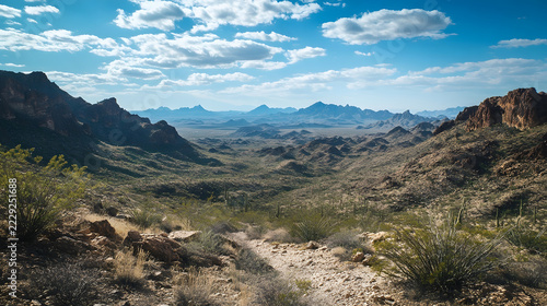 Desert mountains rise above a rugged wilderness trail in the American Southwest, capturing the vast and serene beauty of a protected natural landscape under a bright, clear blue sky with light clouds.