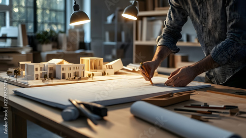 Architect works on a detailed scale model of a residential building project while using a pencil to refine blueprints on a wooden desk in a professional design studio office.