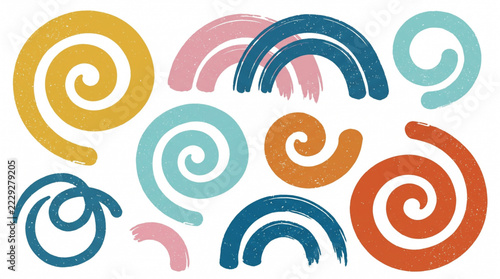 Abstract Swirls Set, Colorful Retro Graphic Design Elements. Vector Illustration, Dynamic Shapes, Artistic Background
