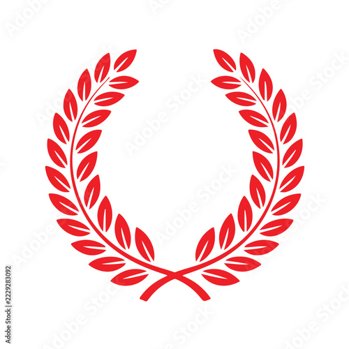 A red laurel wreath silhouette displays symmetrical foliage and a classic circular form on a white background leaves vector graphic ornament decoration