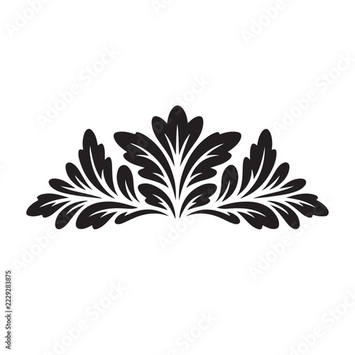 Floral ornament with curved leaves and pointed petals presents a black silhouette against a white background acanthus arabesque botanical branching curvilinear decorative
