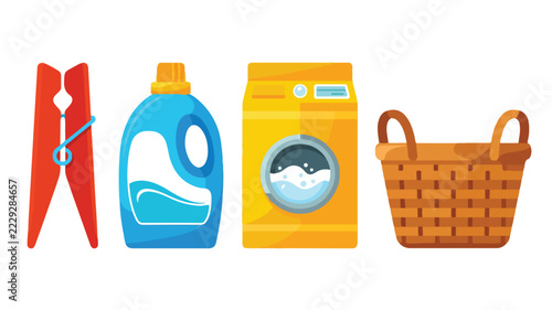 Laundry accessories including a clothespin detergent bottle washing machine and wicker basket on a white background clothespeg laundryclip soap cleaningagent washingmachine washer