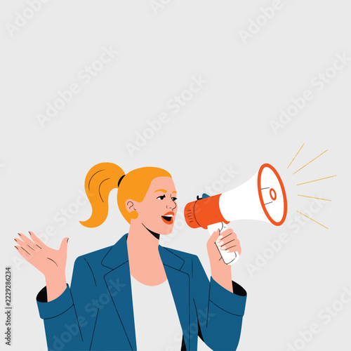 A blonde woman in a blue blazer announces through a red and white megaphone a vector illustration announcement businesswoman communication corporate declaration