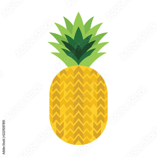 Vibrant yellow pineapple fruit with green leaves on top isolated on white background
