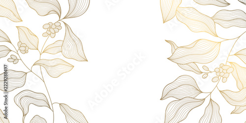 Vector coffee with beans pattern, gold lines on white background. Organic drink illustration, leaves, seed texture